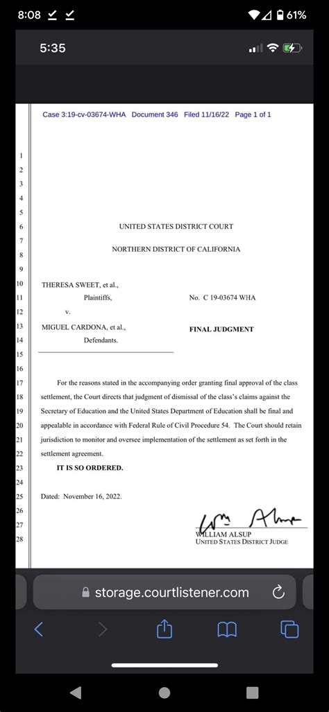 Cardona (Sweet) lawsuit. . Sweet v cardona settlement application